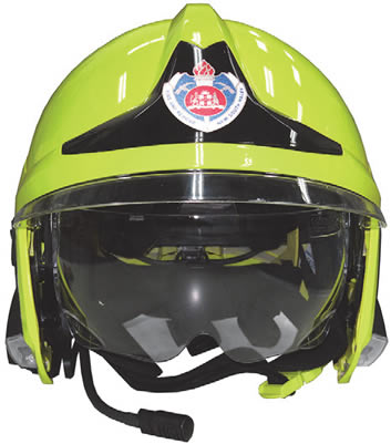 A photo of a standard FRNSW yellow structural firefighting helment