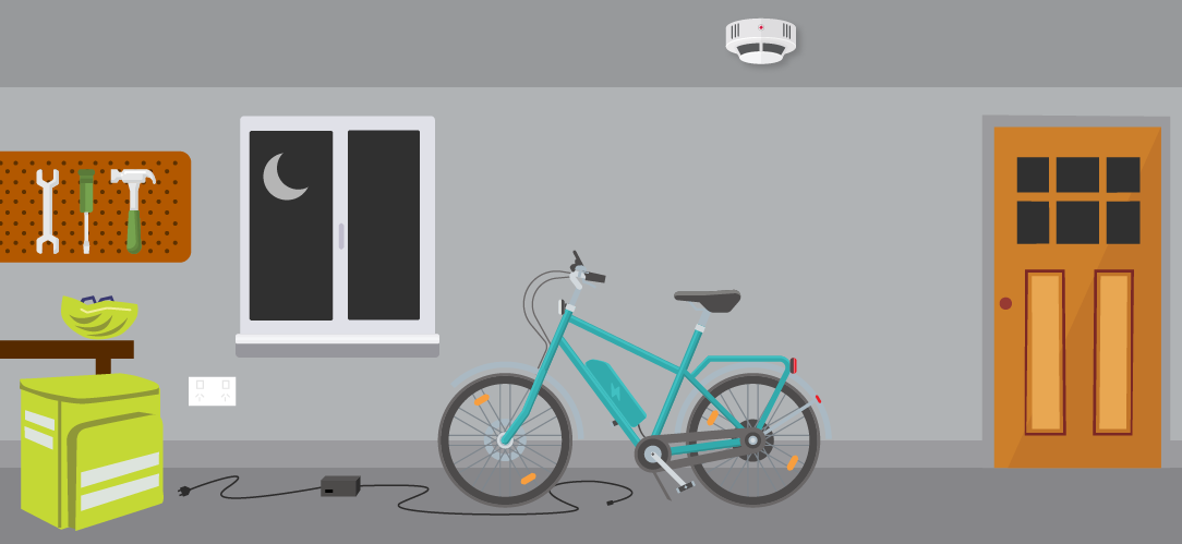 Cartoon of an ebike not plugged into the power at night.