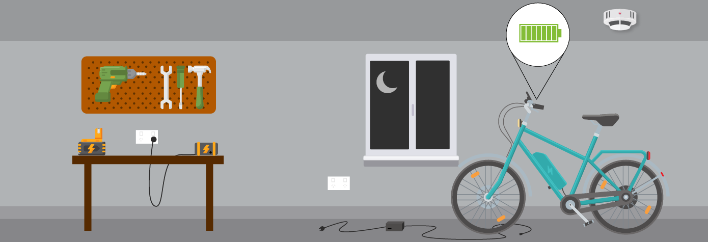 Cartoon of an ebike not plugged into the power at night.